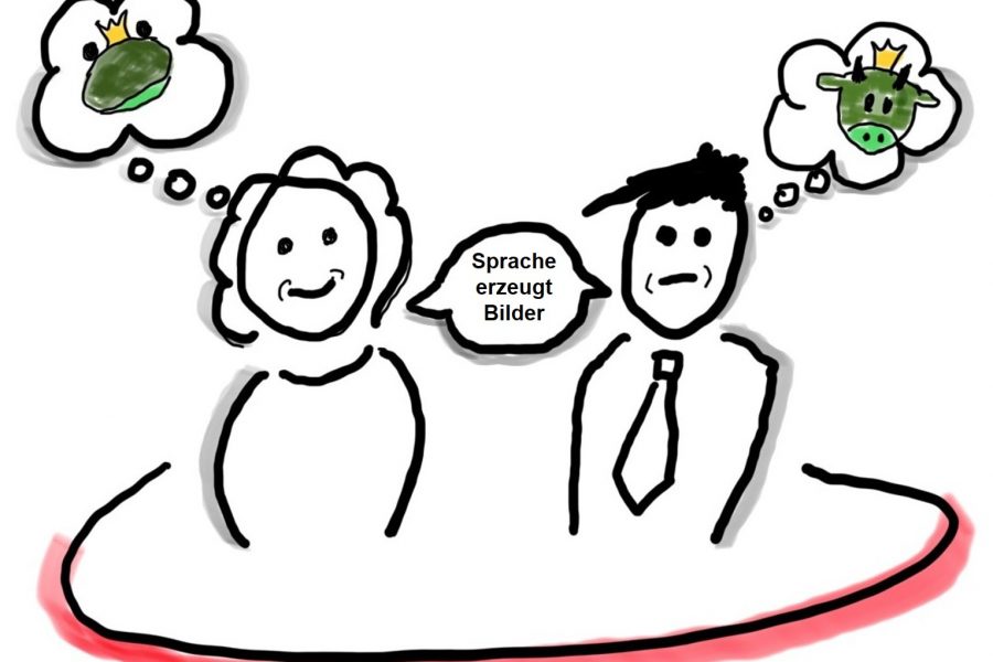 Cartoon Mann und Frau mit unterschiedlichen Denkblasen; einmal ein Frosch, einmal ein Stier